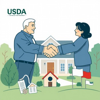 Cartoon of a man and woman shaking hands in front of a new house, celebrating the achievement of a USDA home loan.