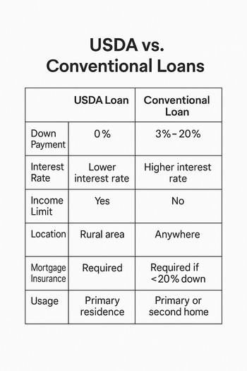 Side-by-side comparison of USDA and conventional loans, detailing eligibility and benefits for buyers.